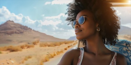 Young black woman travelling in a car on cross American travel trip, AI generated