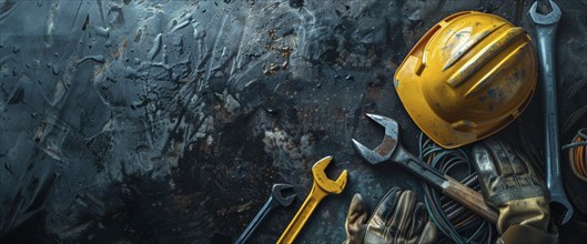 House improvement, construction and renovation concept. Repair tools and helmet in flat lay, AI