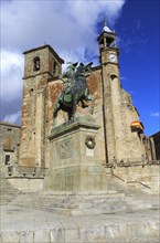 Iglesia de San Martin church and Pizarro statue in historic medieval town of Trujillo, Caceres