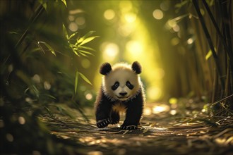 Cute panda cub in a lush bamboo grove, The image showcases the beauty and serenity of nature and