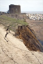 Coastal erosion martello tower at risk, East Lane, Bawdsey, Suffolk, England, UK