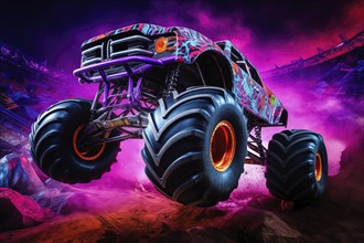 Monster truck with neon lighting, jumping off-road in cloud of dust. Excitement and thrill of an