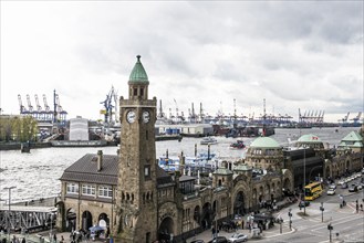 St. Pauli Landungsbrücken with tide gauge tower and Elbe, behind Hamburg harbour, Hamburg, Germany,