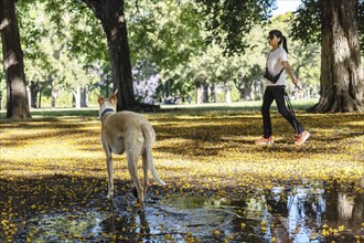 A woman in sunglasses and athletic attire tosses a stick to her dog, enjoying a playful moment in