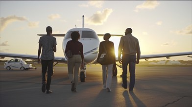 Successful young african american family walking with luggage to their private executive luxury