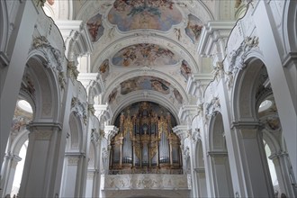 Gallery with baroque organ from 1727, Basilica of St Mauritius, Niederaltaich, Lower Bavaria,