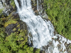 Aerial view of waterfall Tvindefoss (or: Tvinnefoss), Hardanger, Norway, Europe