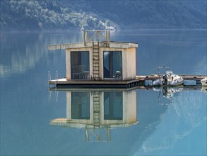 Floating sauna, village Fjaerland at the Sognefjord, Norway, Europe