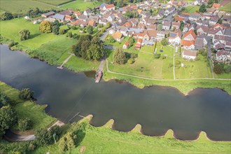 Aerial view of village Wahmbeck and the Weser river, traditional ferry, Weserbergland, Germany,