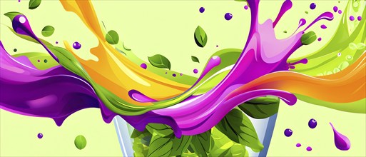 Vibrant smoothie blending abstract shapes and colors, where layers of fruits and greens swirl