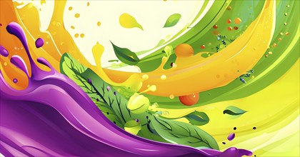 Vibrant smoothie blending abstract shapes and colors, where layers of fruits and greens swirl