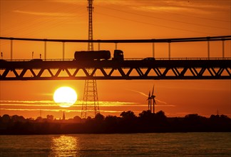 Traffic on the Rhine bridge Emmerich, federal road B220, evening light, with 803 m the longest