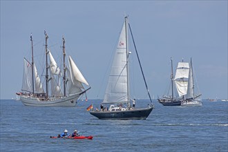 Sailing ships, sailing boats, kayak, Kiel Week, Kiel Fjord, Kiel, Schleswig-Holstein, Germany,