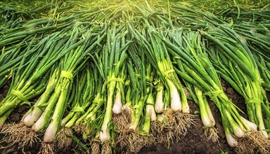 Vegetable, spring onion or spring onion, also winter onion, Allium fistulosum, harvest in a field