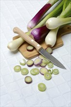 White and purple spring onions and onion slices on a wooden board, spring onion