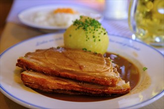 Roast pork, with potato dumplings, food, Reutberg, Upper Bavaria. Bavaria, Germany, Europe