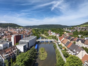 Aerial view from the town of Tuttlingen across the Danube to the Danube bridge Gross Bruck, built