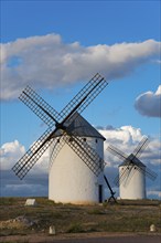 Two white windmills in a landscape under a blue sky and clouds in the background, Campo de