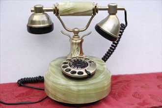 Telephone, antique, marble, dialling disc, nostalgia, ancient telephone with traces of use, a