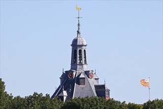 Historic old town of Enkhuizen, spire of Drommedaris, former defence defence tower at the entrance