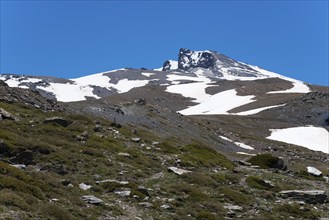 Majestic snow-capped mountain with rocky slopes under a clear blue sky, Pico del Veleta, Veleta