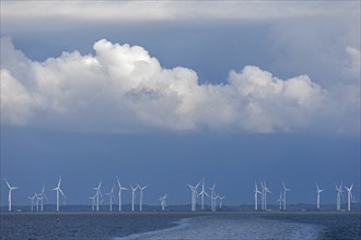 North Sea, clouds, wind turbines near Bredstedt, North Frisia, Schleswig-Holstein, Germany, Europe