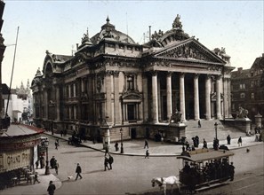 The Brussels Stock Exchange, Belgium, Historical, digitally restored reproduction from a 19th