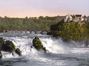 Rhine Falls with Laufen Castle, near Schaffhausen in Switzerland, Historical, digitally restored