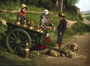 Milk seller with a cart pulled by dogs, bar, Brussels, Belgium, ca 1895, Historic, digitally