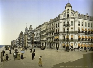 The dyke, beach promenade and Kursaal in Ostend, Belgium, ca 1895, Historical, digitally restored