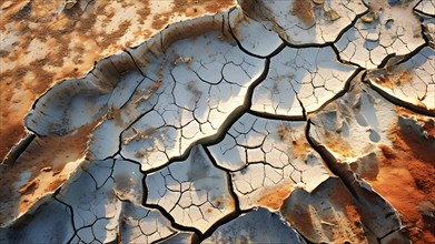 Aerial perspective of a salt and clay pan revealing the intricate patterns of its broken surface,