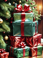 Abstract illustration of wrapped Christmas gifts, shiny ribbons and bows, stacked under a evergreen