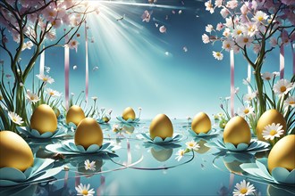 Surreal Easter scene with floating eggs, ribbons, and flowers in a dreamlike, whimsical composition