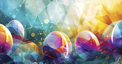 Easter-inspired abstract artwork with layered, translucent egg shapes overlapping with bursts of