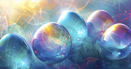 Easter-inspired abstract artwork with layered, translucent egg shapes overlapping with bursts of