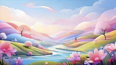 Easter-themed abstract landscape with fluid, flowing lines representing hills, flowers, and hidden