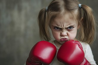 Angry young girl child with large red boxing gloves. Generative Ai, AI generated