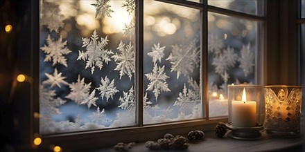 Snow-covered window with frost patterns, candlelight softly glowing through the glass, and warm,