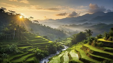 Early morning light bathes Philippines rice terraces cascading down mountain slopes, AI generated