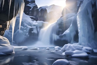 Winter landscape of a frozen waterfall, surrounded by icicles and snow-covered rocks, with the