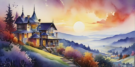 Atmospheric watercolor illustration showcasing a charming house balancing on a hilly scenery, AI