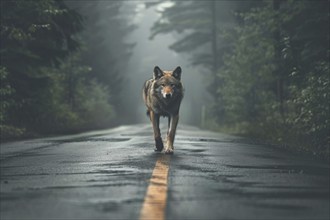 A wolf wanders through a wooded area along a country road, symbol image for herd protection,