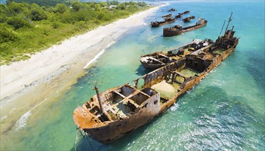 Heavily rusted shipwrecks lie off a coastline in the clear blue sea, symbol photo, AI generated, AI