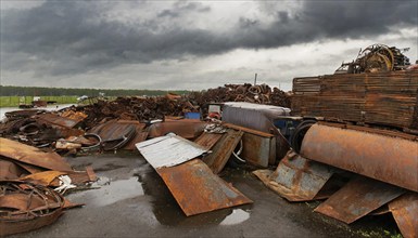 Rusty metal parts on a scrap yard with dark clouds and puddles, symbol photo, AI generated, AI