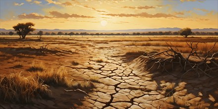 Desolate agricultural farmland with dried crops in sunrise, AI generated