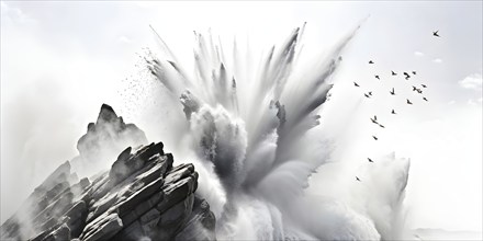 Rock stone explosion on a white background with cascading dust, AI generated