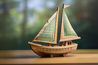 Vintage wooden sailing ship toy with a playful design in front of blurred background, AI generated