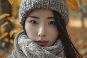 Oung Asian woman with knitted hat and scarf in autumn forest in background. Generative Ai, AI