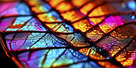 Vibrant butterfly wing with iridescent scales and network of veins, AI generated