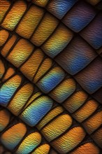 Vibrant butterfly wing with iridescent scales and network of veins, AI generated